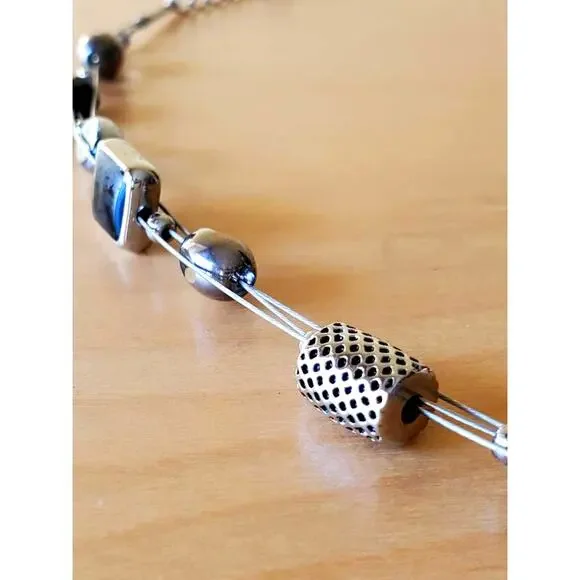 Lia Sophia Multi Strand Tiered Beaded Necklace Black Silver Blue Tone - Picture 2 of 7